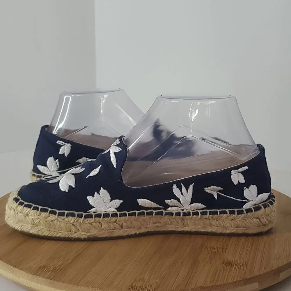 Soludos Shiloh Floral Embroidery Espadrille Flats Navy White Women's Size 7.5